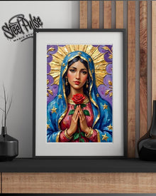 Divine Rose Madonna | Sacred Virgin Mary Portrait Print | Golden Halo Religious Fantasy Art | Spiritual Wall Decor | 2 Sizes