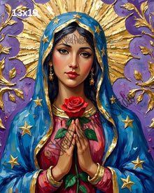 Divine Rose Madonna | Sacred Virgin Mary Portrait Print | Golden Halo Religious Fantasy Art | Spiritual Wall Decor | 2 Sizes