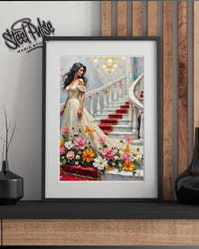 Elegant Staircase Muse | Romantic Fantasy Woman in Gown | Floral Butterfly Grand Stair Print | Dreamy Palace Wall Art | 2 Sizes