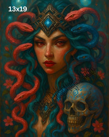 Crimson Serpent Queen | Medusa Skull Portrait Print | Vibrant Fantasy Gorgon Art | Dark Mythic Wall Decor | 2 Sizes