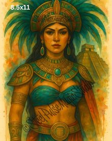 Aztec Empress | Majestic Feathered Warrior Queen | Ancient Mesoamerican Fantasy Portrait Print | 2 Sizes