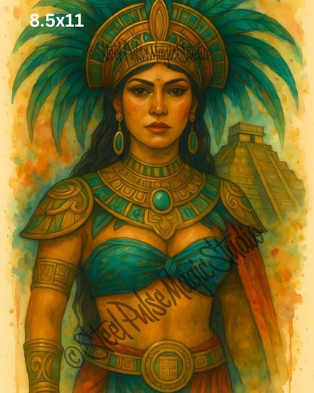 Aztec Empress | Majestic Feathered Warrior Queen | Ancient Mesoamerican Fantasy Portrait Print | 2 Sizes