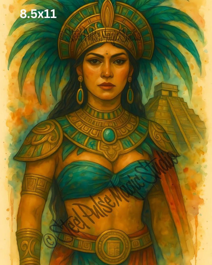 Aztec Empress | Majestic Feathered Warrior Queen | Ancient Mesoamerican Fantasy Portrait Print | 2 Sizes