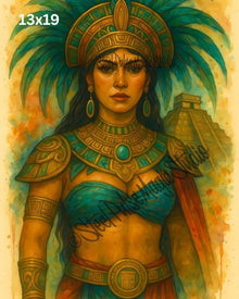 Aztec Empress | Majestic Feathered Warrior Queen | Ancient Mesoamerican Fantasy Portrait Print | 2 Sizes