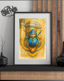 Sacred Scarab of Ra | Golden Winged Egyptian Beetle | Mythic Khepri Fantasy Art Print | Ancient Temple Wall Decor | 2 Sizes