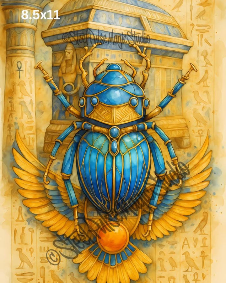 Sacred Scarab of Ra | Golden Winged Egyptian Beetle | Mythic Khepri Fantasy Art Print | Ancient Temple Wall Decor | 2 Sizes