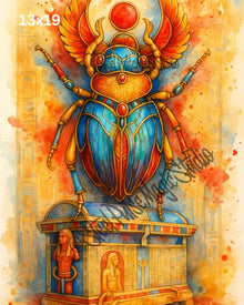 Winged Solar Scarab | Fiery Khepri Egyptian Beetle | Vibrant Mythic Scarab Print | Ancient Temple Fantasy Art | 2 Sizes