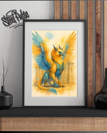 Golden Griffin of Ra | Majestic Egyptian Winged Lion-Eagle | Mythic Fantasy Creature Print | Ancient Temple Wall Art | 2 Sizes