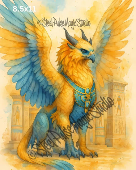 Golden Griffin of Ra | Majestic Egyptian Winged Lion-Eagle | Mythic Fantasy Creature Print | Ancient Temple Wall Art | 2 Sizes