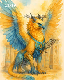 Golden Griffin of Ra | Majestic Egyptian Winged Lion-Eagle | Mythic Fantasy Creature Print | Ancient Temple Wall Art | 2 Sizes