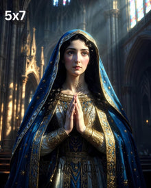 Divine Cathedral Madonna | Sacred Prayer Portrait Print | Golden Blue Religious Fantasy Art | Gothic Church Wall Decor | 2 Sizes