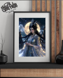 Lunar Silver Sovereign | Ethereal Moon Goddess Portrait | Celestial Fantasy Queen Print | Starry Night Wall Art | 2 Sizes