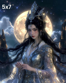 Lunar Silver Sovereign | Ethereal Moon Goddess Portrait | Celestial Fantasy Queen Print | Starry Night Wall Art | 2 Sizes