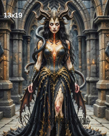Dark Horned Serpent Queen | Demonic Gothic Fantasy Woman | Cracked Lava Armor Print | Epic Dark Fantasy Wall Art | 2 Sizes