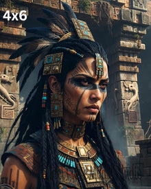 Aztec Temple Priestess | Fierce Feathered Warrior Queen | Ancient Mesoamerican Portrait Print | Mayan Stone Wall Art | 2 Sizes