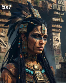 Aztec Temple Priestess | Fierce Feathered Warrior Queen | Ancient Mesoamerican Portrait Print | Mayan Stone Wall Art | 2 Sizes