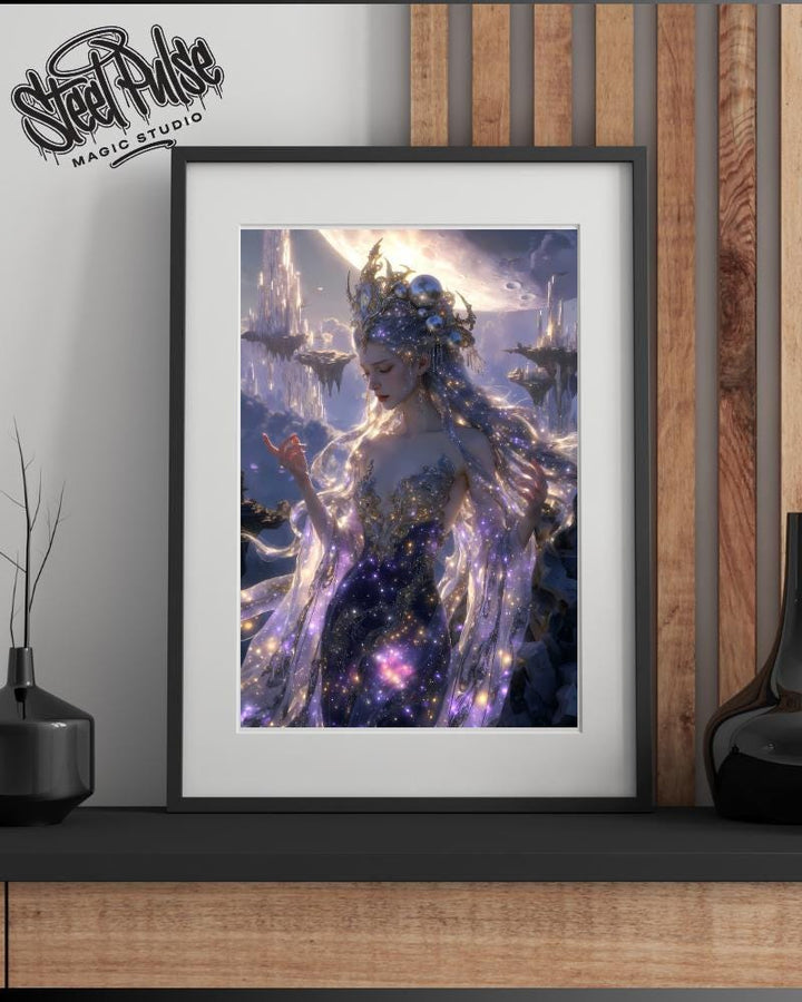 Celestial Starlight Goddess | Ethereal Cosmic Queen Portrait | Floating Crystal Realm Fantasy Art | Dreamy Purple Galaxy Print | 2 Sizes