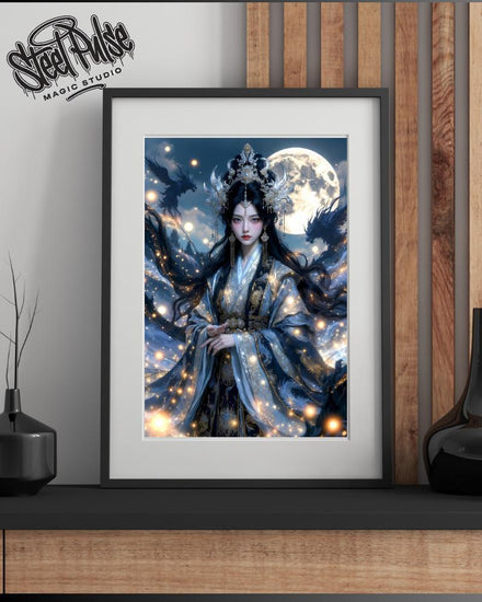 Moonlit Dragon Empress Print | Ethereal Fantasy Celestial Wall Art (8.5x11, 13x19)