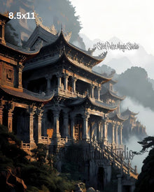 Ancient Mountain Temple Palace | Epic Chinese Fantasy Pagoda | Misty Cliffside Architecture Print | 2 Sizes