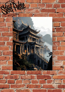 Ancient Mountain Temple Palace | Epic Chinese Fantasy Pagoda | Misty Cliffside Architecture Print | 2 Sizes