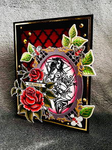 Red Roses and Filigree Outlined Woman in Frame Celebrate Card