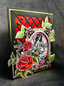 Red Roses and Filigree Outlined Woman in Frame Celebrate Card