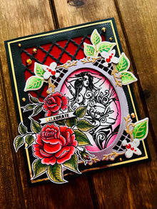 Red Roses and Filigree Outlined Woman in Frame Celebrate Card