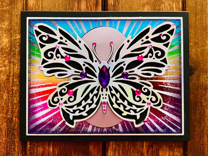 Rainbow Burst Silver Butterfly Blank Card
