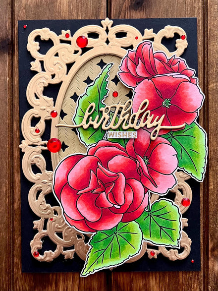Red Begonia Flowers with Elegant Gold Frame Birthday Wishes Card