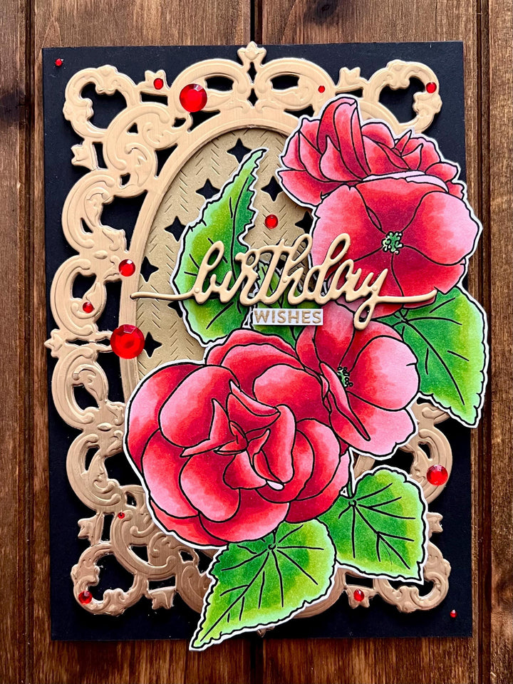 Red Begonia Flowers with Elegant Gold Frame Birthday Wishes Card