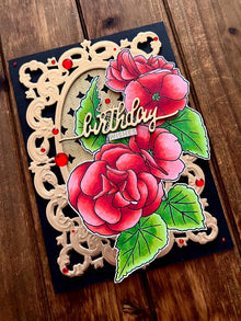Red Begonia Flowers with Elegant Gold Frame Birthday Wishes Card