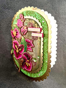 Pink Bougainvillea Flowers Oval Shaped Scalloped Edge Birthday Wishes Card