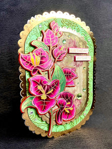 Pink Bougainvillea Flowers Oval Shaped Scalloped Edge Birthday Wishes Card
