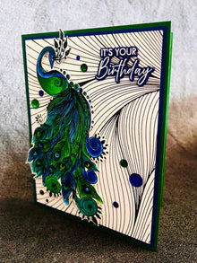 Blue and Green Peacock with Black and White Letter Press Curved Line Patterned Background It's Your Birthday Card