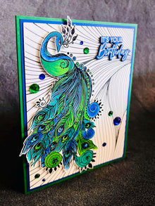 Blue and Green Peacock with Black and White Letter Press Curved Line Patterned Background It's Your Birthday Card