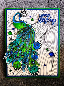 Blue and Green Peacock with Black and White Letter Press Curved Line Patterned Background It's Your Birthday Card