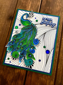 Blue and Green Peacock with Black and White Letter Press Curved Line Patterned Background It's Your Birthday Card