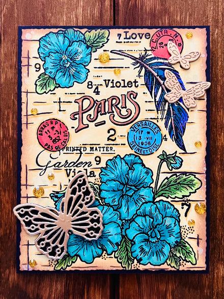 Vintage Floral Poster Gold Butterflies Blank Card