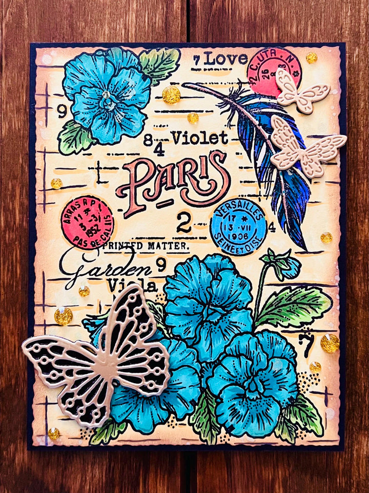 Vintage Floral Poster Gold Butterflies Blank Card