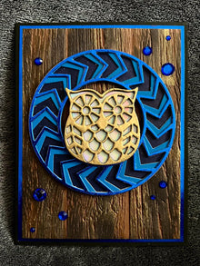 Golden Owl and Blue Chevron Circle Wood Panel Blank Card