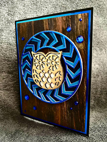 Golden Owl and Blue Chevron Circle Wood Panel Blank Card