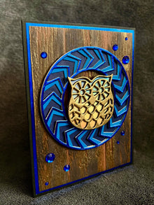 Golden Owl and Blue Chevron Circle Wood Panel Blank Card