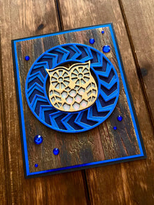 Golden Owl and Blue Chevron Circle Wood Panel Blank Card