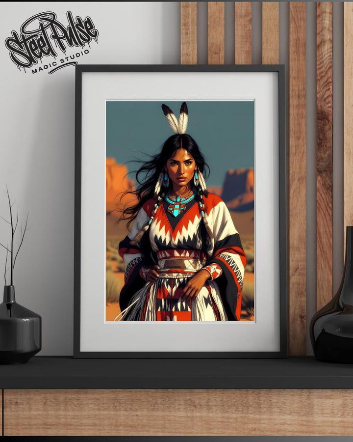 Desert Winds Warrior | Native American Woman Portrait | Feathered Headdress Fantasy Print | Southwest Landscape Art | 2 Sizes