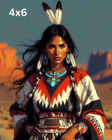 Desert Winds Warrior | Native American Woman Portrait | Feathered Headdress Fantasy Print | Southwest Landscape Art | 2 Sizes
