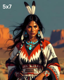 Desert Winds Warrior | Native American Woman Portrait | Feathered Headdress Fantasy Print | Southwest Landscape Art | 2 Sizes