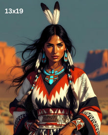 Desert Winds Warrior | Native American Woman Portrait | Feathered Headdress Fantasy Print | Southwest Landscape Art | 2 Sizes