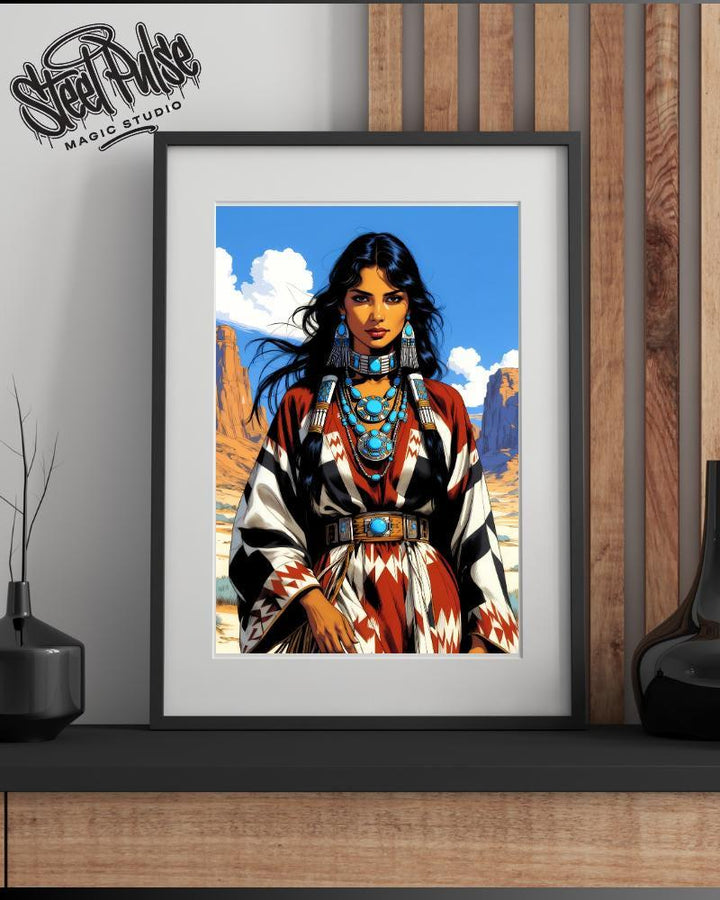 Turquoise Desert Beauty | Native American Woman Portrait | Bold Tribal Jewelry Fantasy Print | Southwest Canyon Art | 2 Sizes