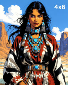Turquoise Desert Beauty | Native American Woman Portrait | Bold Tribal Jewelry Fantasy Print | Southwest Canyon Art | 2 Sizes