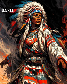 War Chief in Flames | Fierce Native American Warrior Portrait | Epic Feathered Headdress Fantasy Print | 2 Sizes